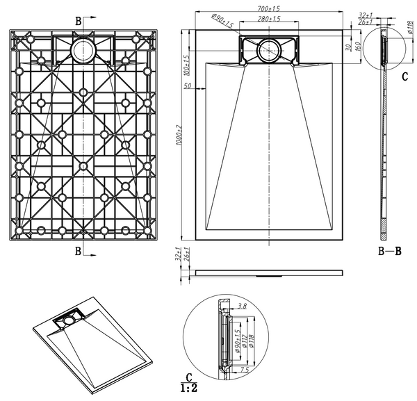 Piatto doccia 100x70 effetto pietra ardesia bianco in smc con piletta e copripiletta Trevi