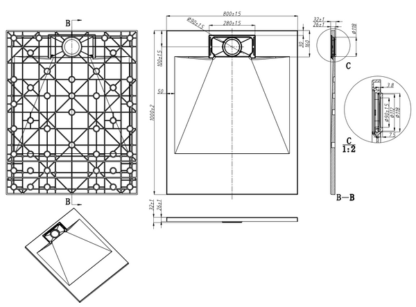 Piatto doccia 100x80 effetto pietra ardesia bianco in smc con piletta e copripiletta Trevi