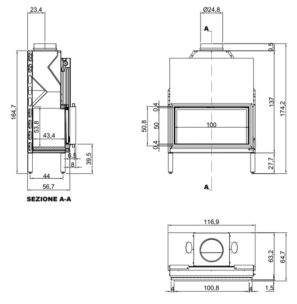 Antonio Lupi Filoskema100 Termocamino a Legna in acciaio con anta