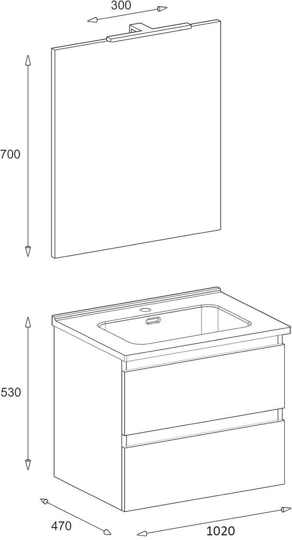 Mobile bagno 100x47 bianco lucido con lavabo specchio e lampada Atene