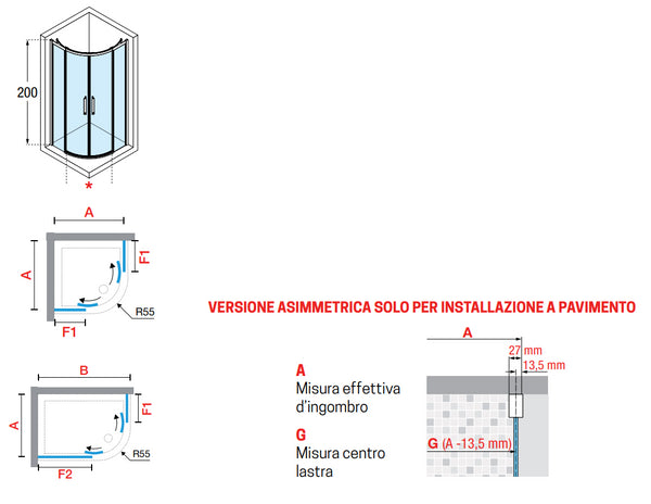 Novellini Rose Rosse R Box Doccia curvo 80x100 su pavimento Vetro Satin Profilo Bianco Opaco