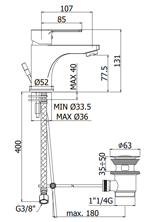 Paffoni Red Miscelatore lavabo Monocomando senza Scarico, vista laterale del profilo e della forma