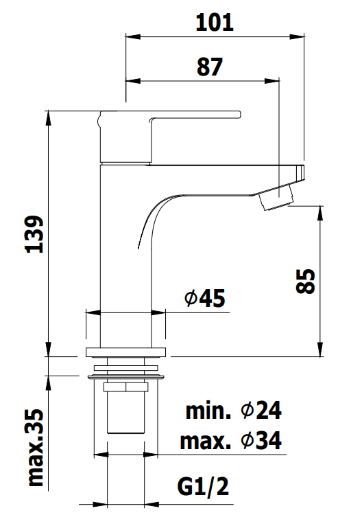 Paffoni Red Red090 Rubinetto lavabo Cigno Solo Acqua Fredda, vista laterale del profilo e della forma
