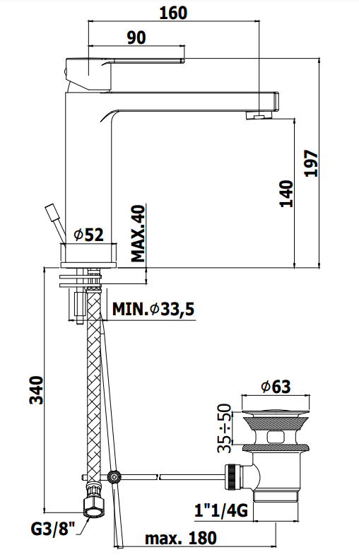 Paffoni Ringo Rin074 Miscelatore lavabo senza scarico Nero, vista laterale del profilo e della forma