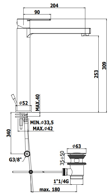 Paffoni West Ws085 Miscelatore Lavabo alto Prolungato Con Scarico Cromo