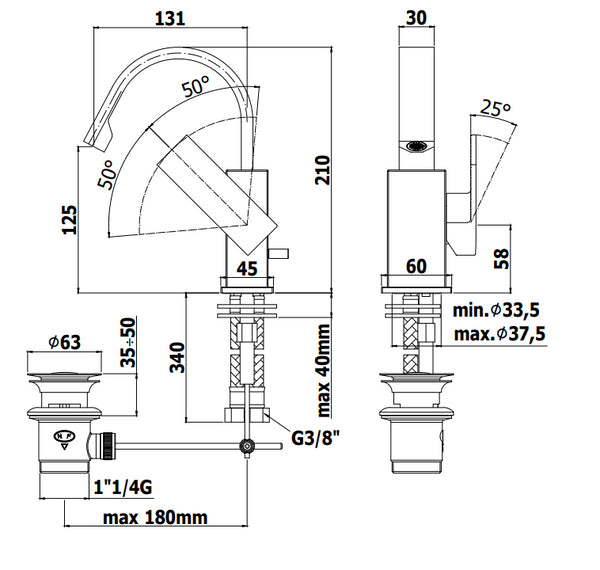 Paffoni Elle El837 Miscelatore Lavabo canna piatta scarico automatico Cromo