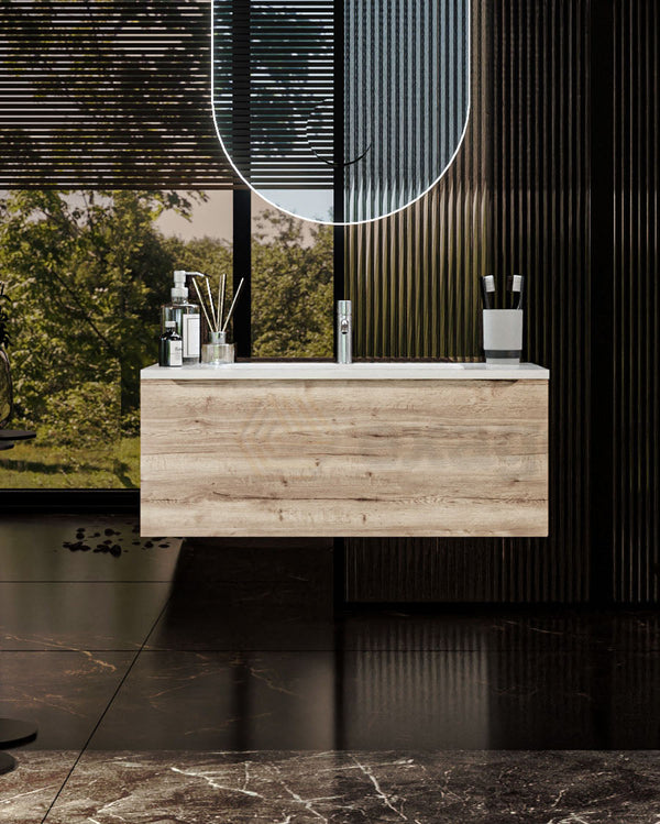 Mobile Bagno rovere 90x50 Amalfi Lavabo Mineralmarmo lucido in mdf e naturale con lavabo e rubinetteria, vista frontale...