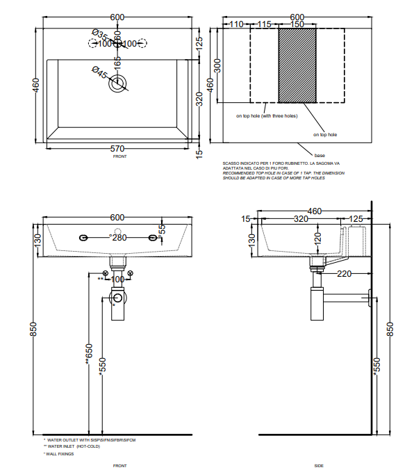 Cielo Smile lavabo 60x46 monoforo rettangolare sospeso o da appoggio con troppo pieno in ceramica talco