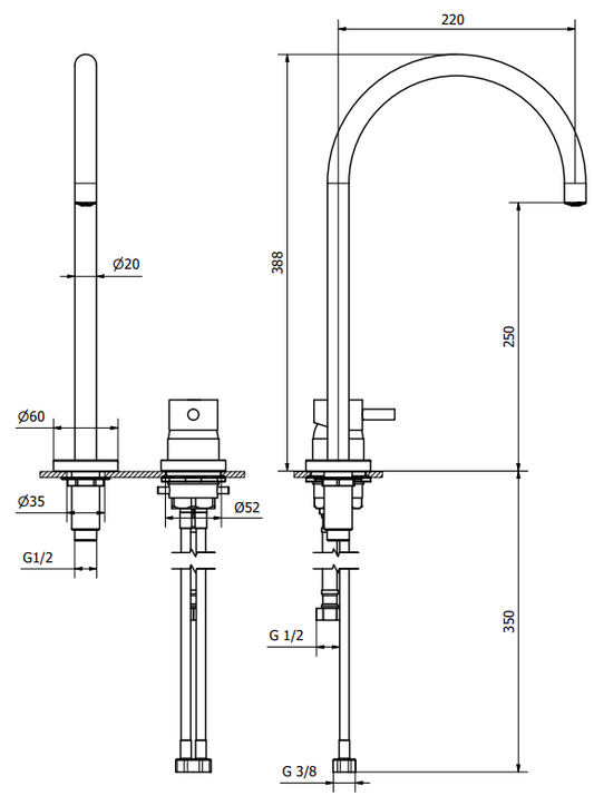 Jabil Miscelatore lavabo 2 fori canna alta e scarico click Cromo Lucido, vista laterale del profilo e della forma...