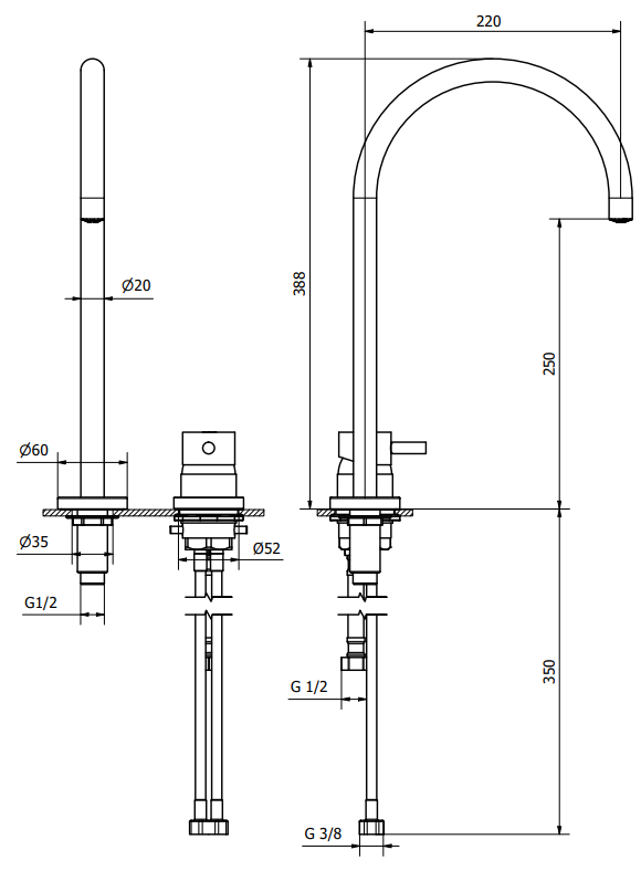Jabil Miscelatore lavabo 2 fori canna alta e scarico click Cromo Lucido, vista laterale del profilo e della forma...