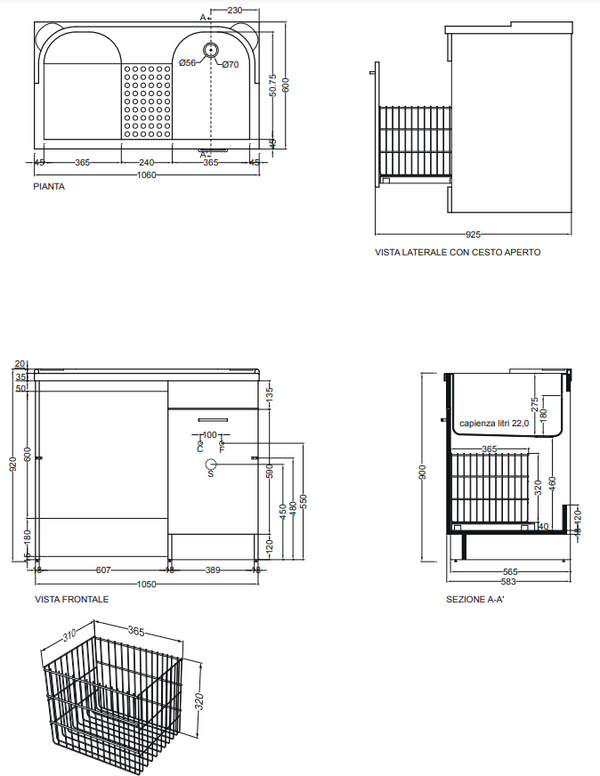 Colavene Duo mobile lavatoio 106x60 coprilavatrice con vasca sinistra e cesto portabiancheria bianco lucido