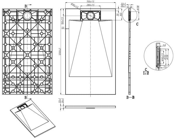 Piatto doccia 120x70 effetto pietra ardesia bianco in smc con piletta e copripiletta Trevi