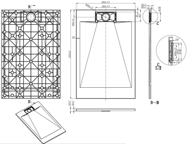 Piatto doccia 120x80 effetto pietra ardesia bianco in smc con piletta e copripiletta Trevi
