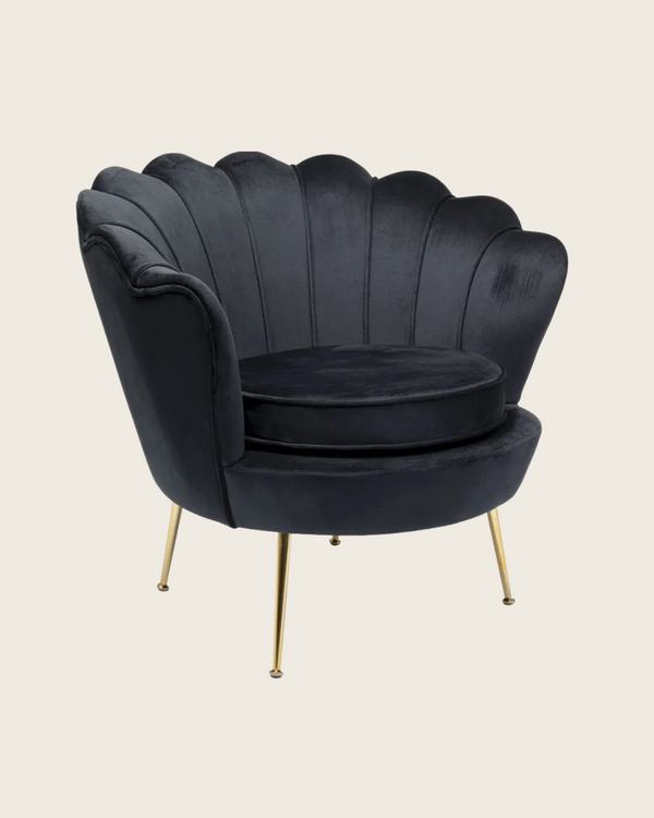 Water Lily Poltrona design nera con gambe in acciaio oro Nero, vista laterale della struttura e del profilo - Exagonshop