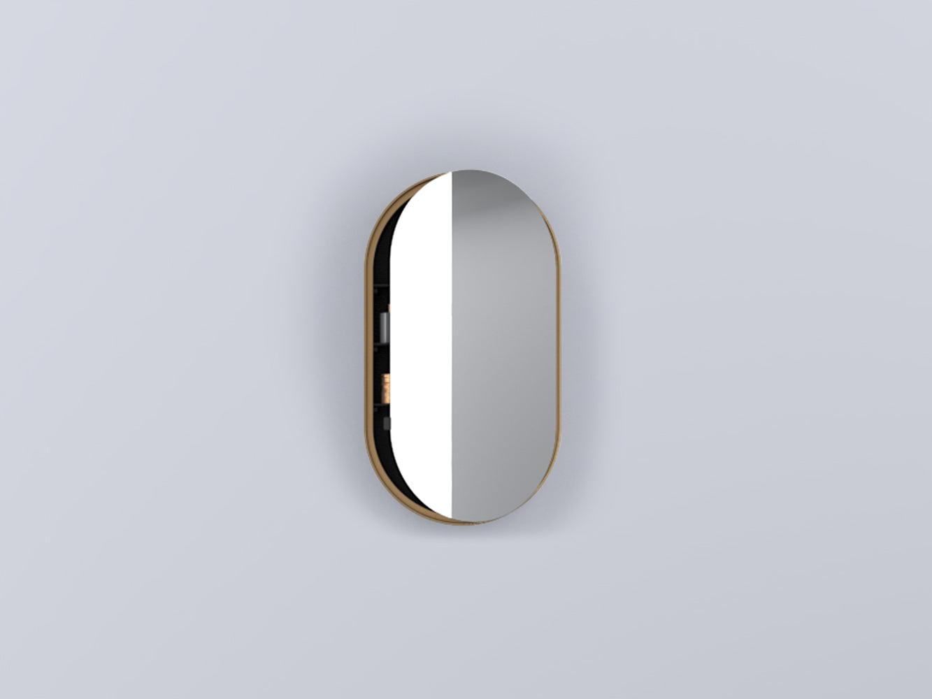 Cielo I Catini specchio contenitore 50x90 ovale con mensole in vetro e struttura in legno bronzo spazzolato