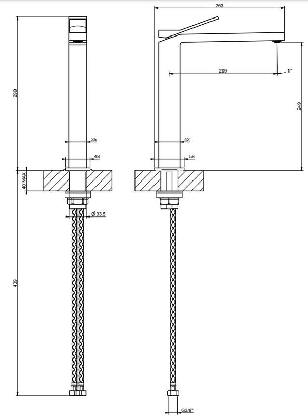 Gessi Rettangolo K Miscelatore lavabo alto senza scarico matte black xl 53004