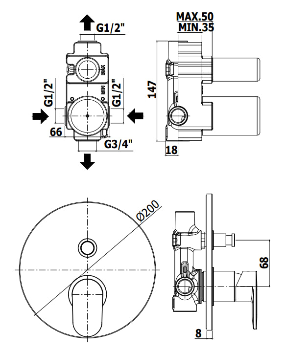 Paffoni Candy Ca015 Miscelatore doccia Monocomando ad Incasso Con Deviatore A Pulsante E Piastra In Metallo 20 Cm Cromo