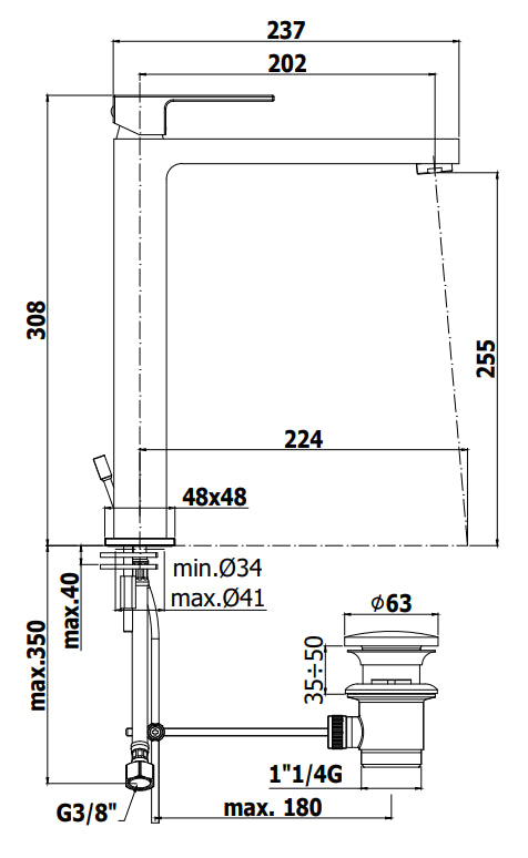 Paffoni Effe Ef081 Miscelatore Lavabo Alto Prolungato Senza Scarico Cromo