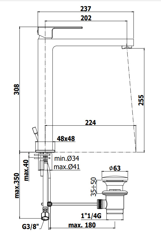 Paffoni Elle El085 Miscelatore Lavabo Alto Prolungato con scarico automatico Cromo