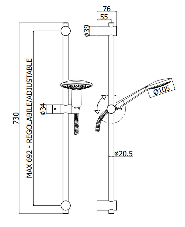 Paffoni Giada Zsal195 asta doccia 73 Cm con doccetta e flessibile Cromo