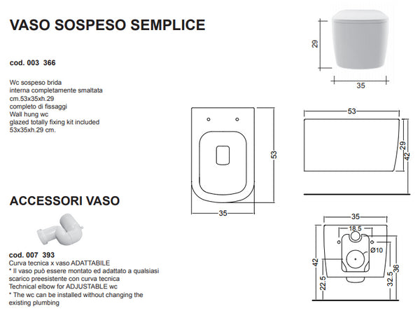 Nic Semplice Wc Sospeso 53x35x29 Bianco Lucido