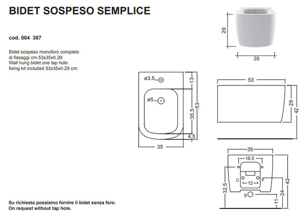 Nic Semplice Bidet Sospeso 53x35x29 bianco lucido