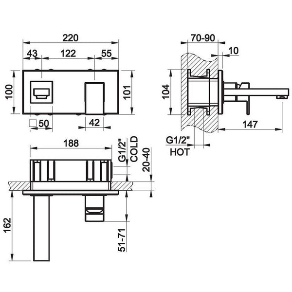 Gessi Rettangolo Parti Esterne Miscelatore lavabo a muro senza scarico senza parte Incasso 44840