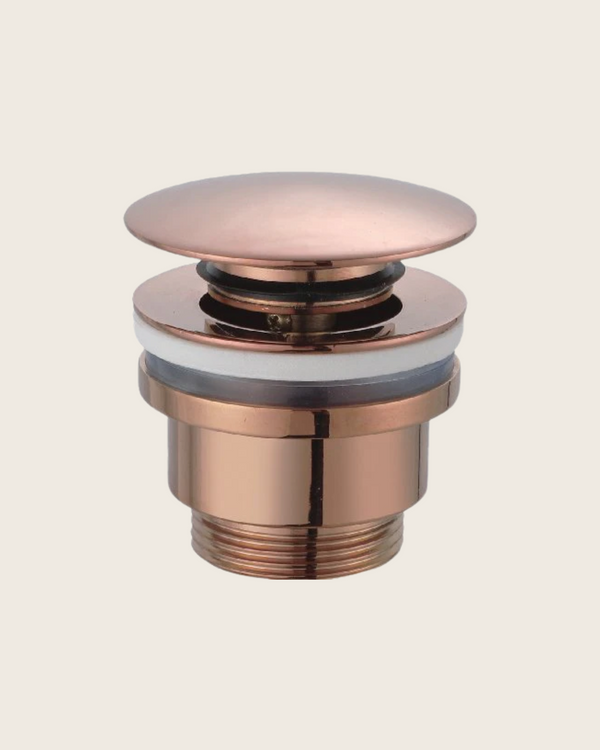 Piletta click clak per lavabo e bidet universale in ottone Oro Mat in spazzolato e pvd, vista frontale della maniglia e...
