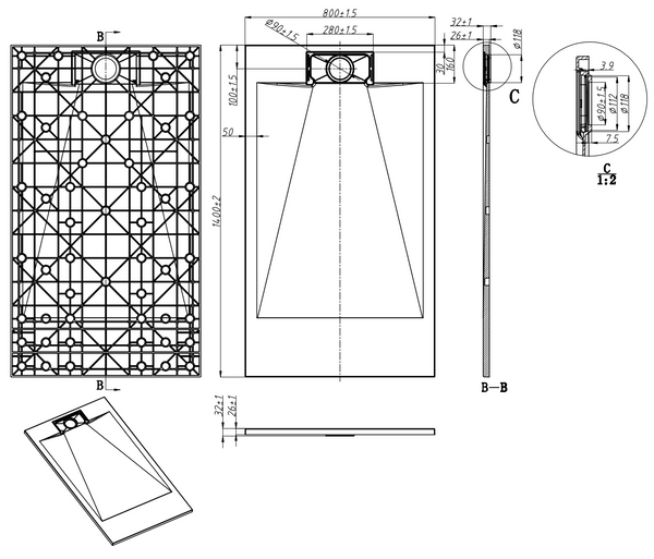 Piatto doccia 140x80 effetto pietra ardesia bianco in smc con piletta e copripiletta Trevi