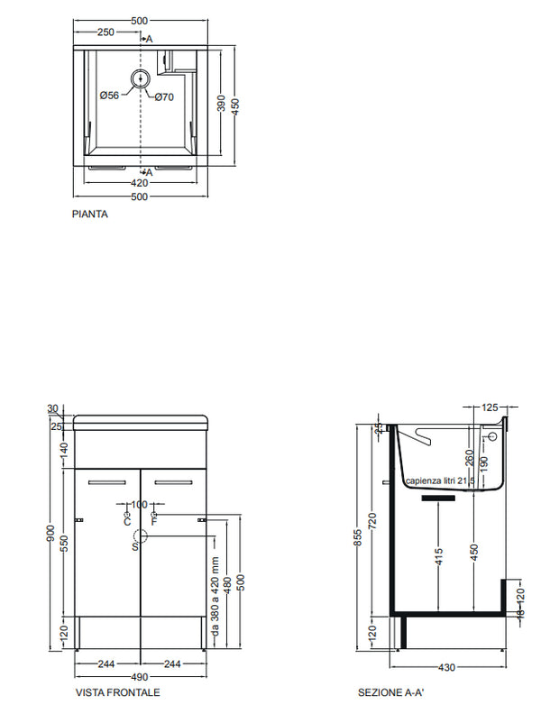 Colavene Swash mobile lavatoio 50x45 due ante con tavola lavapanni in legno massello Grigio Antracite