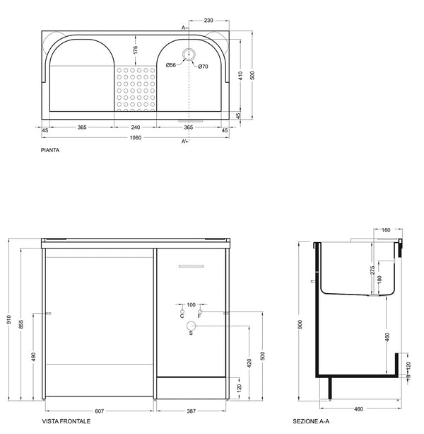 Mobile lavatoio 106x50 con vasca destra e alloggio lavatrice Domestica DL1051B Colavene