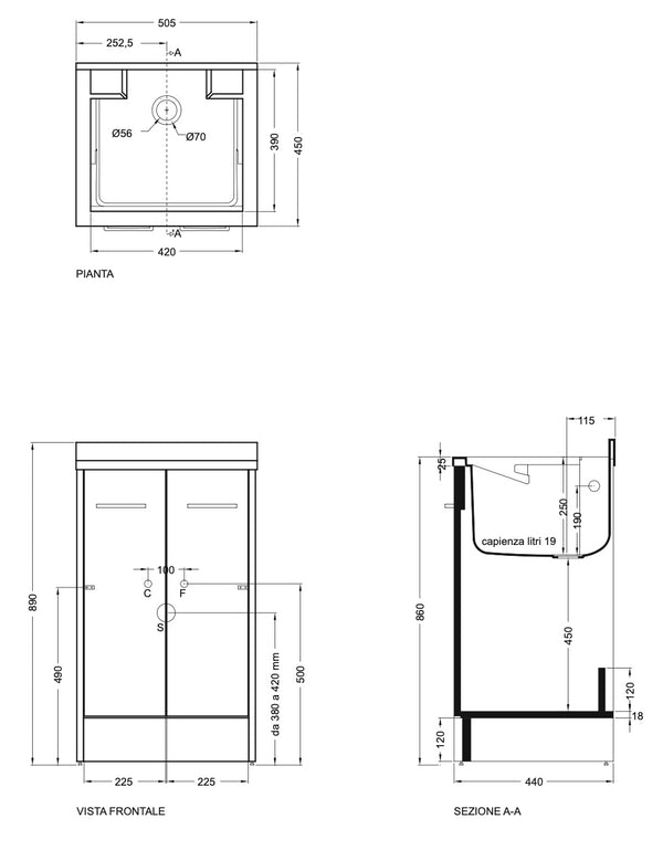 Mobile Lavatoio 50x45 a 2 ante con vasca lavapanni abs Tela Bianco Domestica DL5045B Colavene