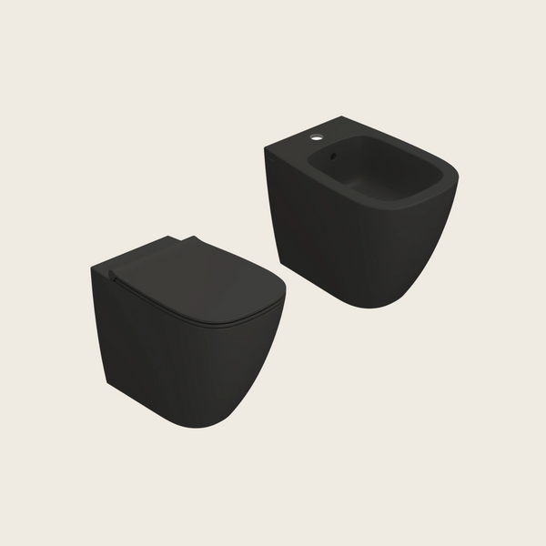 Globo Genesis Coppia Sanitari filoparete Vaso senza brida E Bidet A Pavimento Sedile Rallentato Smoke