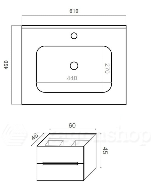 Mobile bagno rovere chiaro 60x46 Urbino con lavabo in ceramica due cassetti