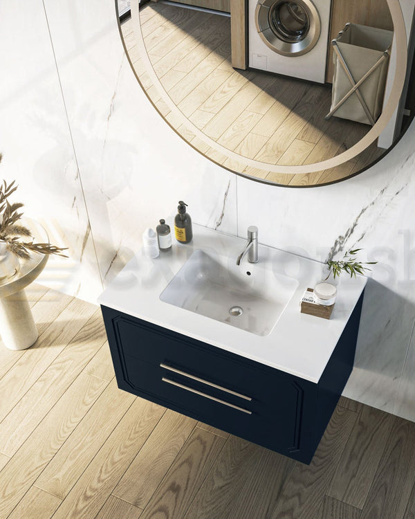 Mobile bagno blu opaco 80x46 Vienna lavabo in ceramica, dettaglio ravvicinato della finitura e del cassetto - Exagonshop