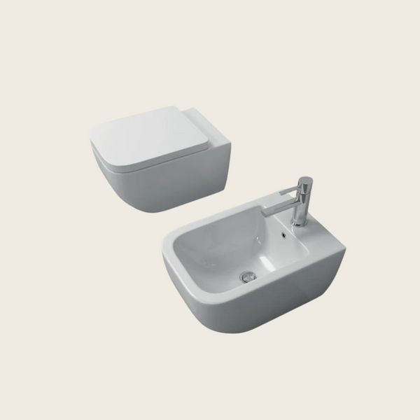 Coppia sanitari sospesi con Softclose Bianco Legend visto dall'alto con scarico e interno visibili - Exagonshop