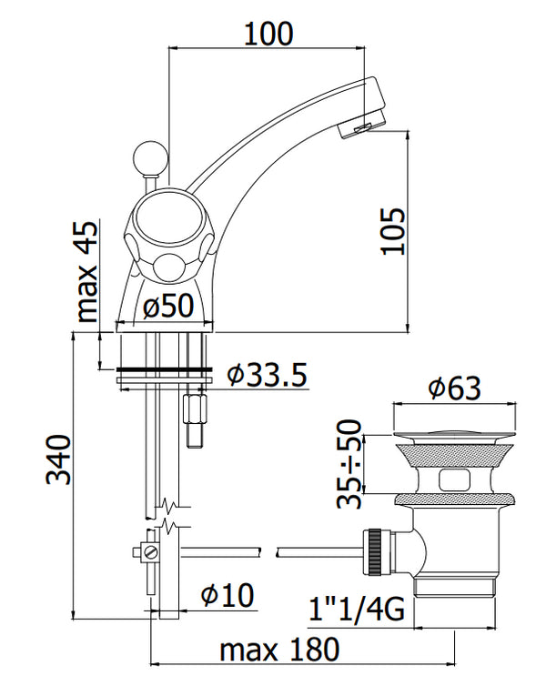 Paffoni Danubio Da070 Gruppo Lavabo Monoforo Con Scarico Automatico Senza Attacco Catenella Cromo