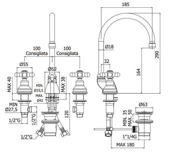 Paffoni Iris Irv057 Gruppo Lavabo 3 Fori Con Scarico Automatico Cromo
