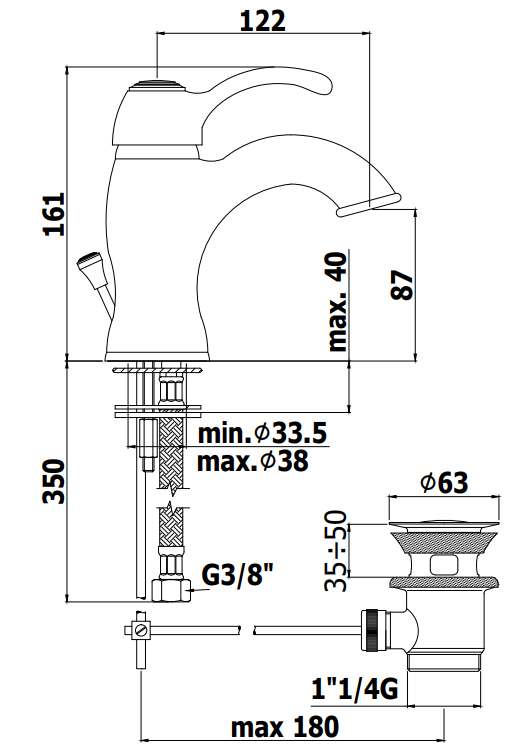 Paffoni Flavia Fa075 Miscelatore Lavabo con scarico, vista laterale del profilo e della forma