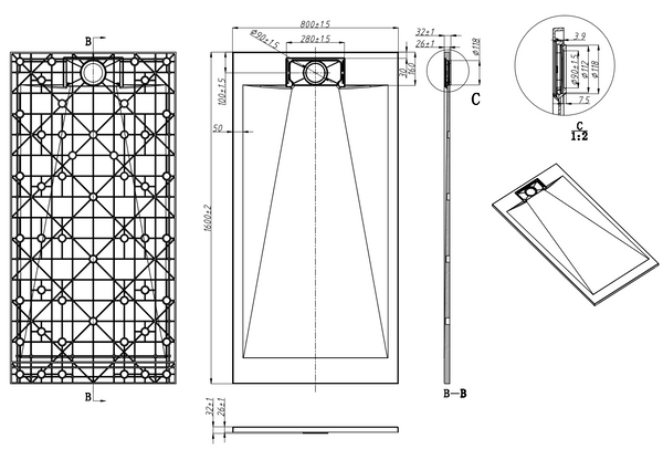 Piatto doccia 160x80 effetto pietra ardesia bianco in smc con piletta e copripiletta Trevi