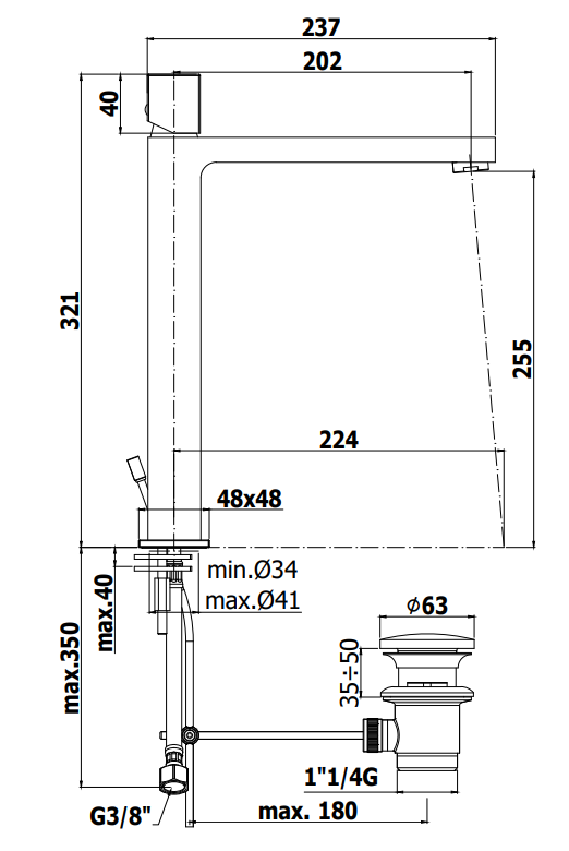 Paffoni Elle Elx085 Miscelatore Lavabo alto per ciotola, vista laterale del profilo e della forma