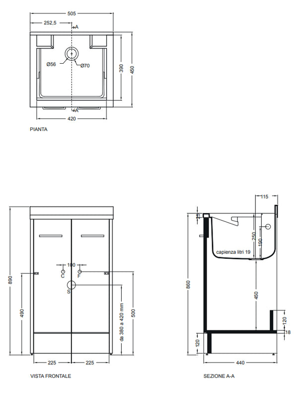 Colavene Domestica Mobile Lavatoio con vasca lavapanni e piedini Cm 50x45x86 Bianco