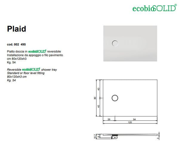 Plaid Piatto Doccia 80x120x3 in Ecobiosolid Bianco Matt