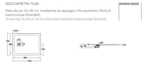 Globo Docciapietra Piatto doccia 90x70 cm H 3 reversibile in mineralsolid da appoggio o filo pavimento con piletta Tortora