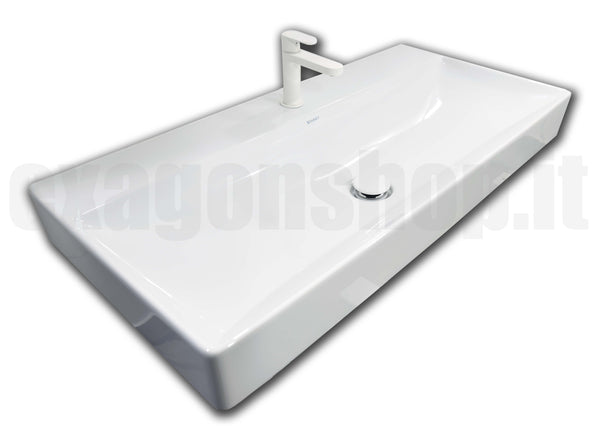 Lavabo 100x47 Rettificato da appoggio monoforo senza troppopieno con piletta e tappo in ceramica bianco Durasquare 2353100071 Duravit
