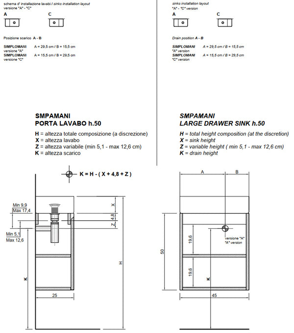 Lavabo lavamani 25x45 scarico a destra In Flumood Simplomani versione A Antonio Lupi