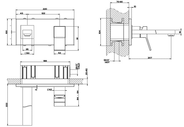 Gessi Rettangolo K Parti Esterne Miscelatore lavabo senza parte Incasso nero XL 53088