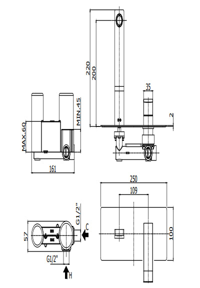 Paffoni Level Miscelatore lavabo Incasso 2 Fori Steel Acciaio Lec105st