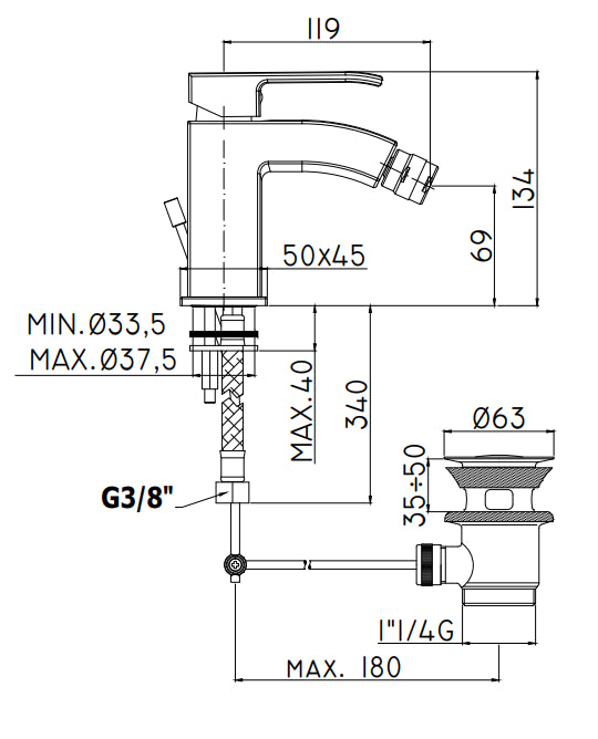 Paffoni Level Les135st Miscelatore Bidet Con Piletta e scarico automatico Steel Acciaio