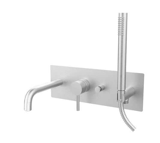 Paffoni Light Lig001st Miscelatore Vasca ad Incasso Steel ambientato in box doccia con pareti in vetro